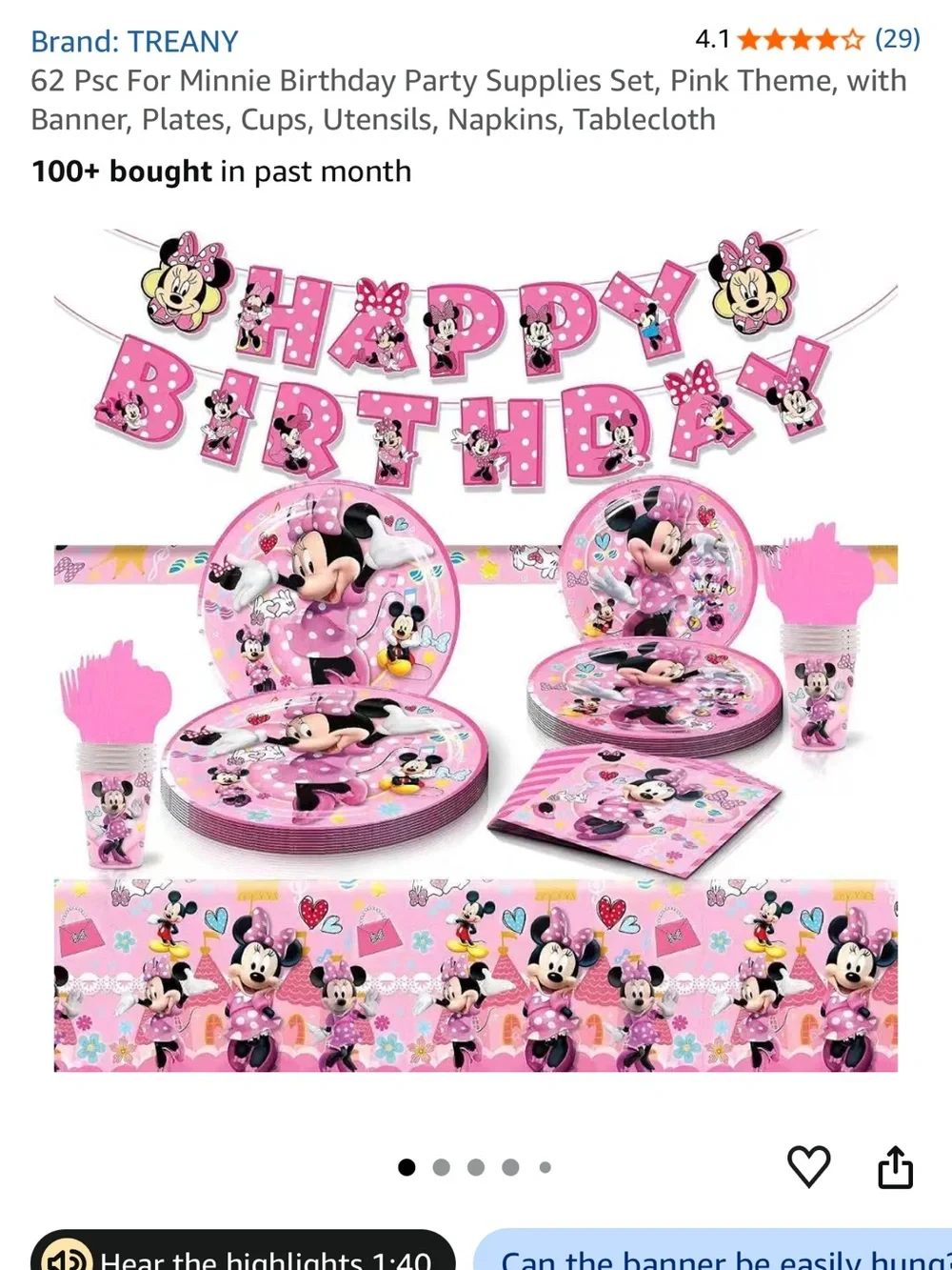 Minnie Mouse Pink Birthday Party Supplies Set - 62-Piece